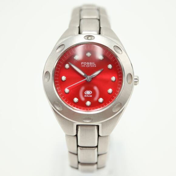 Fossil Blue 30mm Red Dial Womens Watch w 6" Stainless Steel AM3340 New Battery - Picture 5 of 10